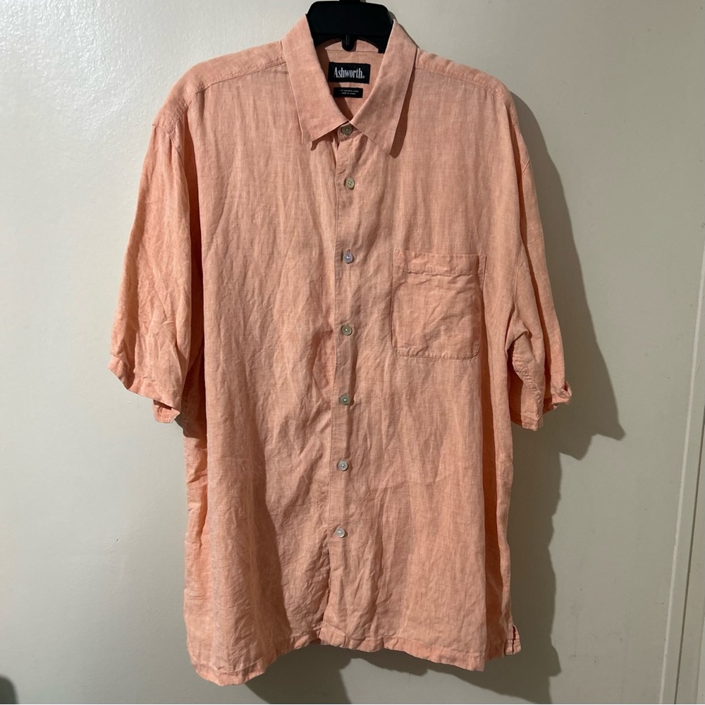 Ashworth Men’s Button Up Shirt XL 100% Linen Muted Orange Beachy‎ Casual Summer
